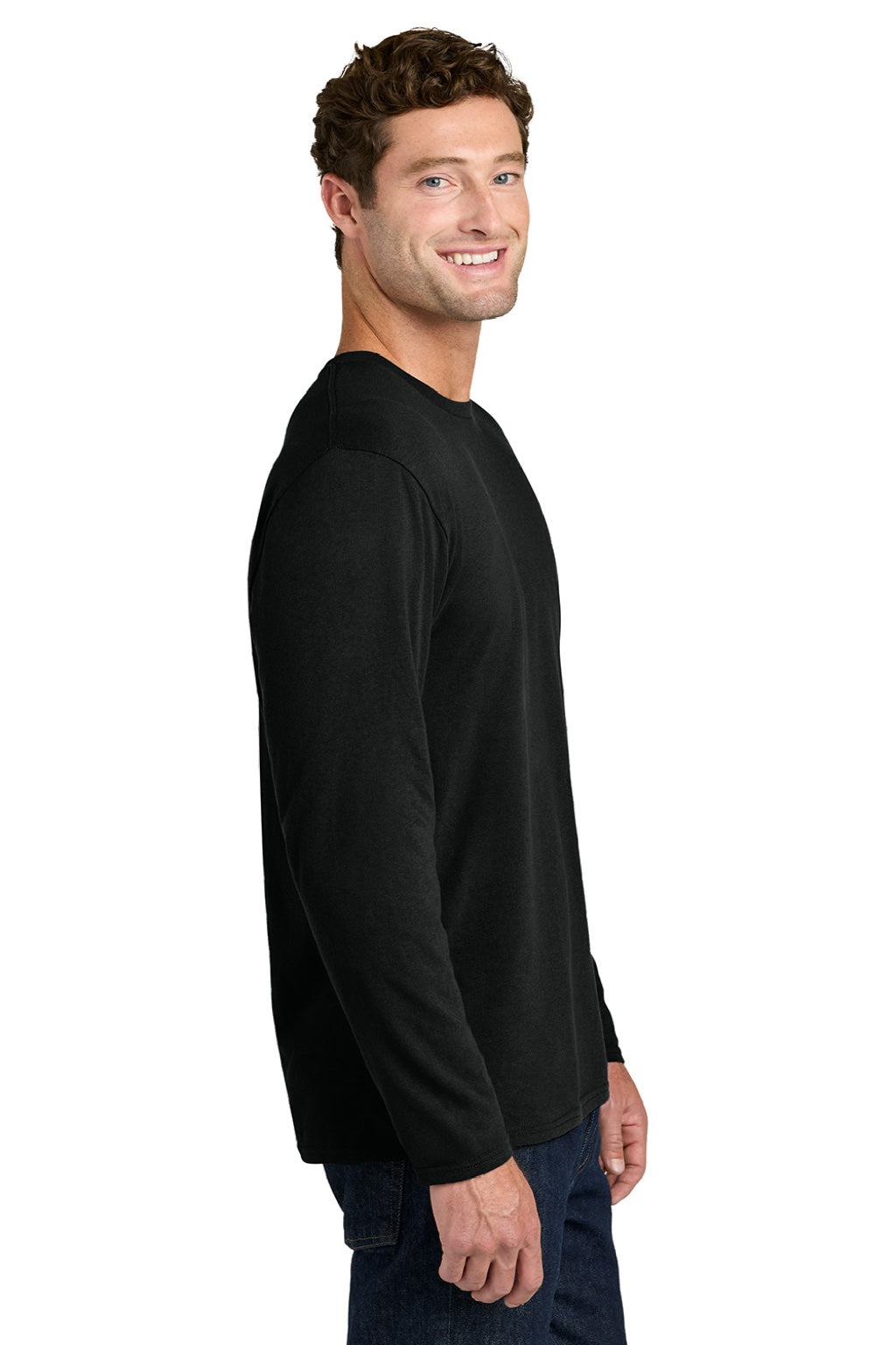 Port & Company PC43LS Mens Easy Long Sleeve Crewneck T-Shirt Jet Black Model Side