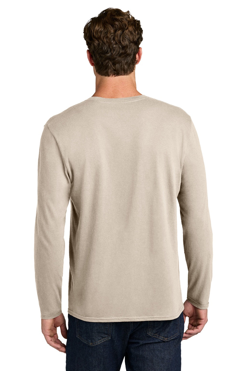 Port & Company PC43LS Mens Easy Long Sleeve Crewneck T-Shirt Light Sand Brown Model Back