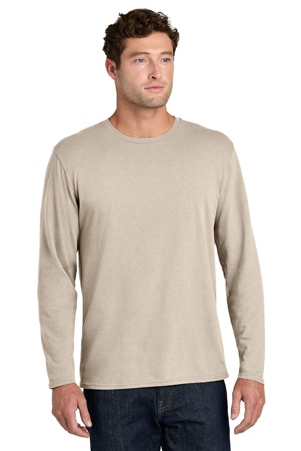 Port & Company PC43LS Mens Easy Long Sleeve Crewneck T-Shirt Light Sand Brown Model Front