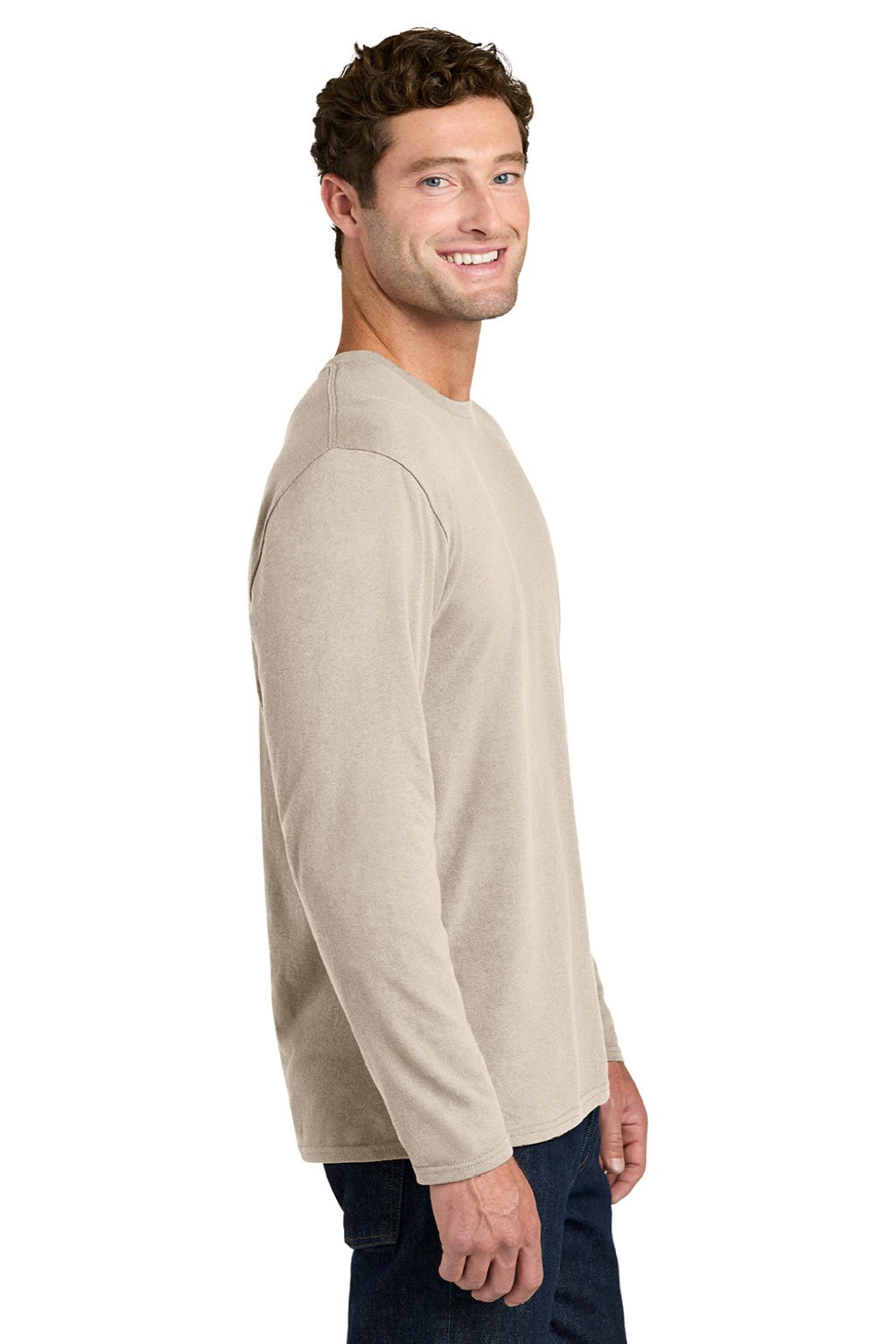 Port & Company PC43LS Mens Easy Long Sleeve Crewneck T-Shirt Light Sand Brown Model Side