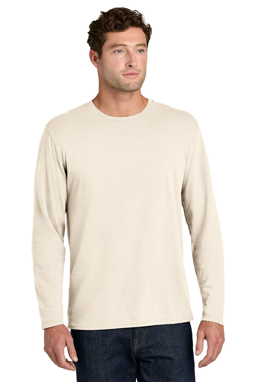 Port & Company PC43LS Mens Easy Long Sleeve Crewneck T-Shirt Natural Model Front