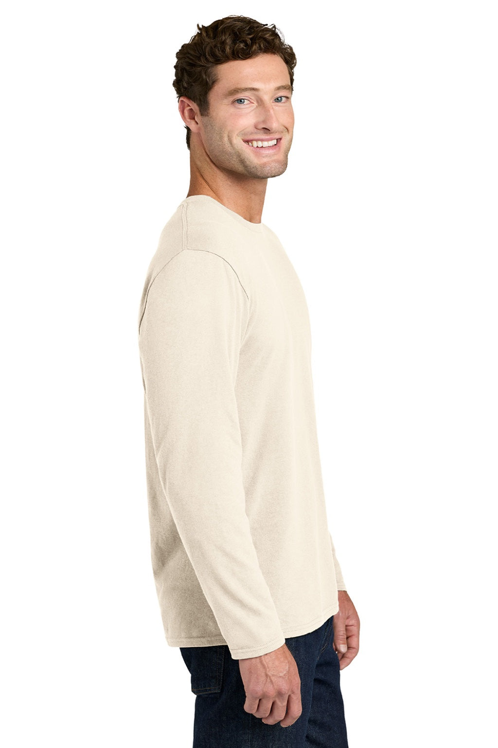 Port & Company PC43LS Mens Easy Long Sleeve Crewneck T-Shirt Natural Model Side
