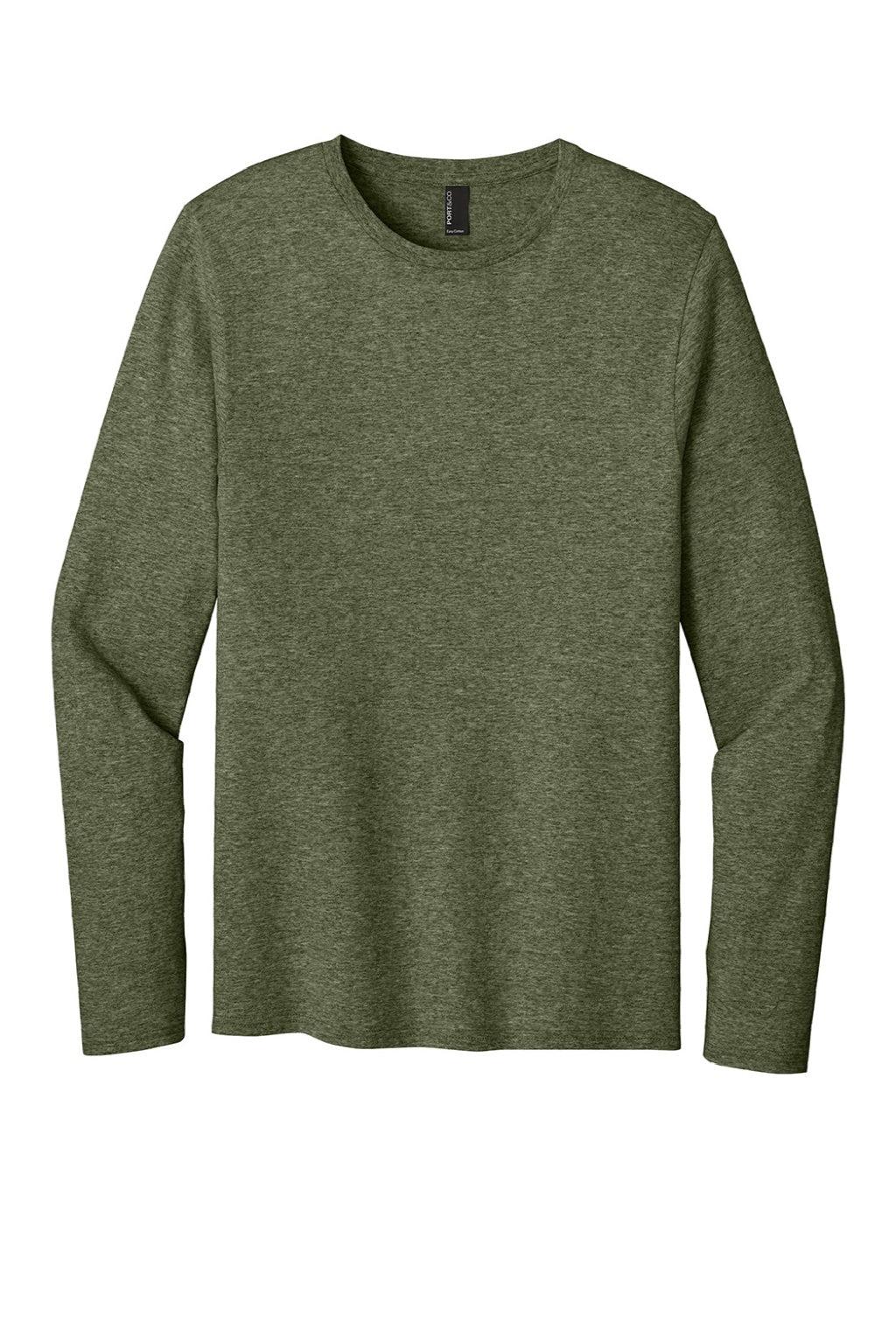 Port & Company PC43LS Mens Easy Long Sleeve Crewneck T-Shirt Heather Olive Drab Green Flat Front