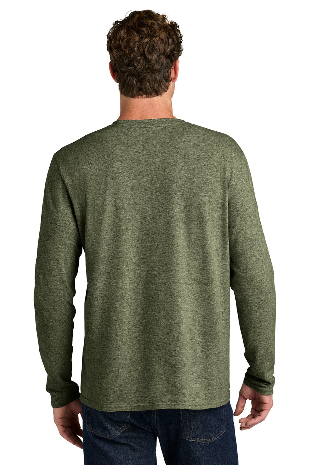 Port & Company PC43LS Mens Easy Long Sleeve Crewneck T-Shirt Heather Olive Drab Green Model Back