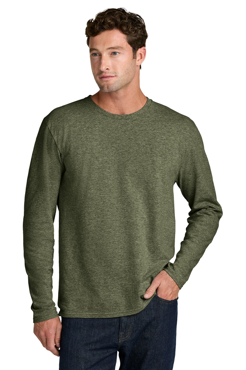Port & Company PC43LS Mens Easy Long Sleeve Crewneck T-Shirt Heather Olive Drab Green Model Front