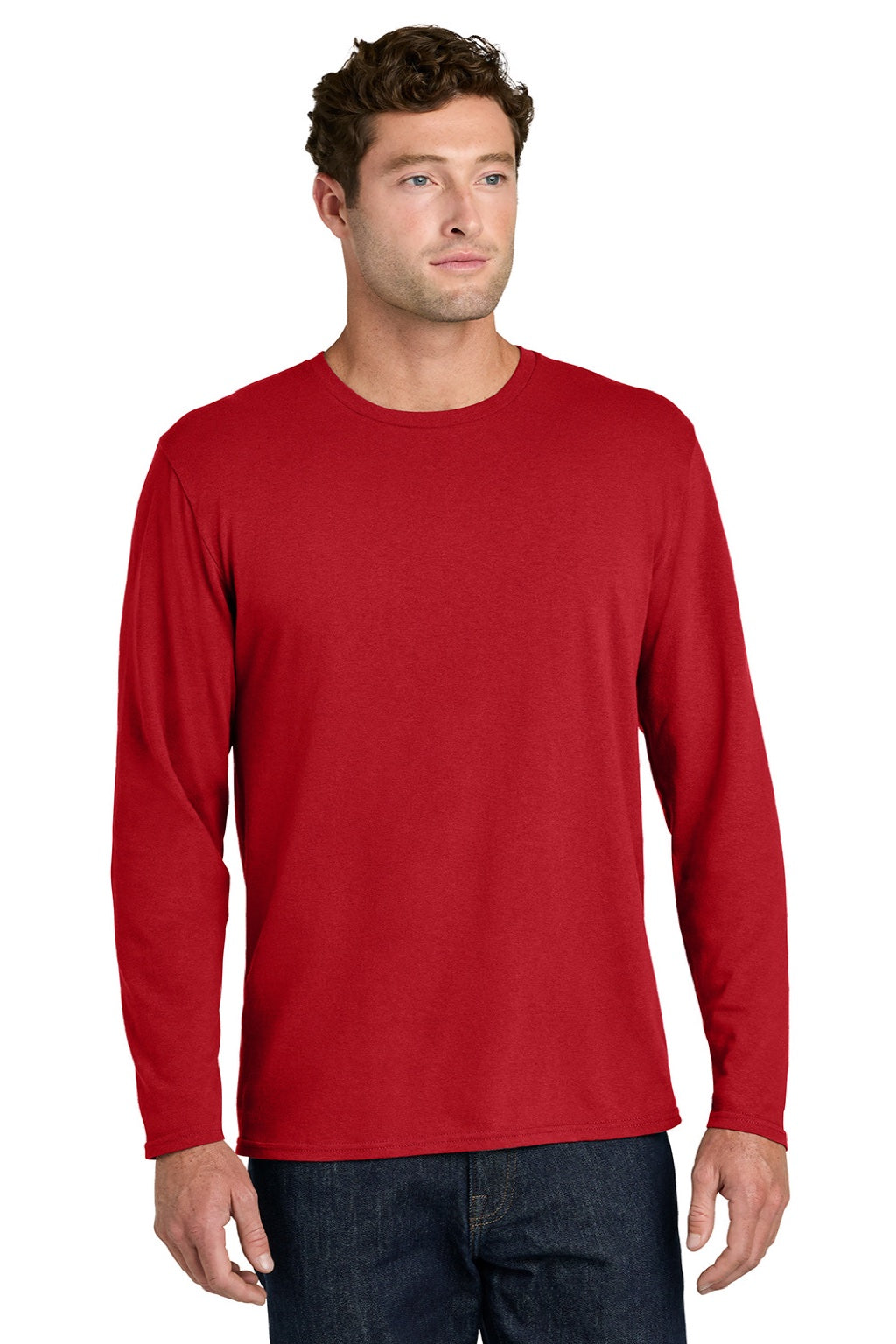 Port & Company PC43LS Mens Easy Long Sleeve Crewneck T-Shirt Red Model Front