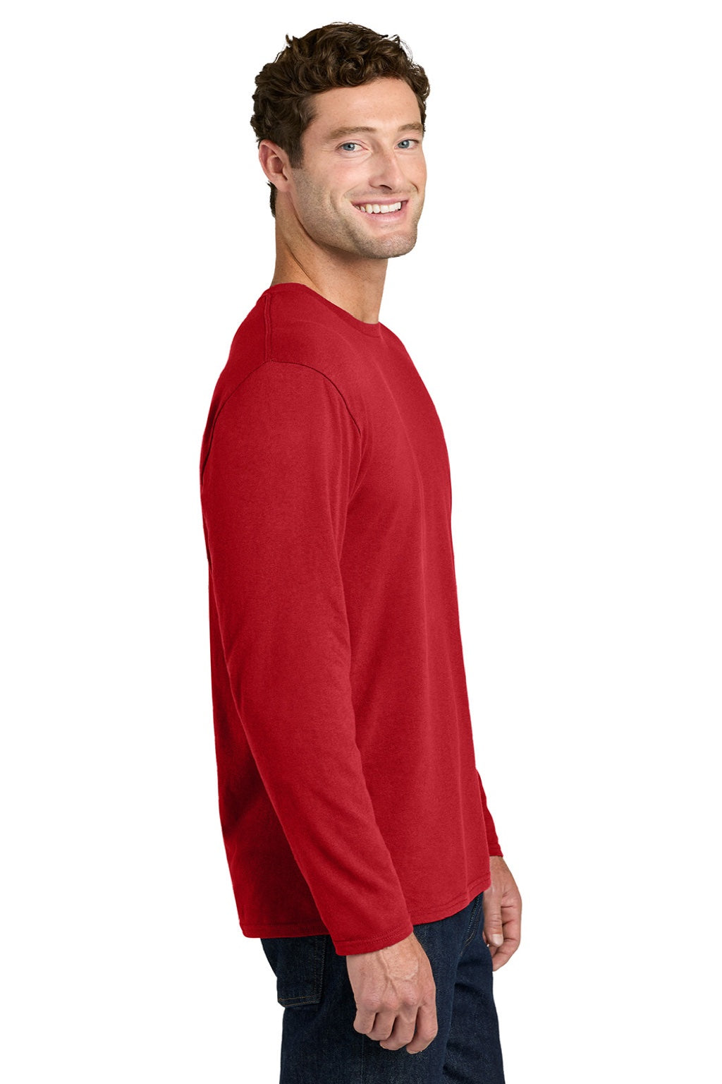 Port & Company PC43LS Mens Easy Long Sleeve Crewneck T-Shirt Red Model Side