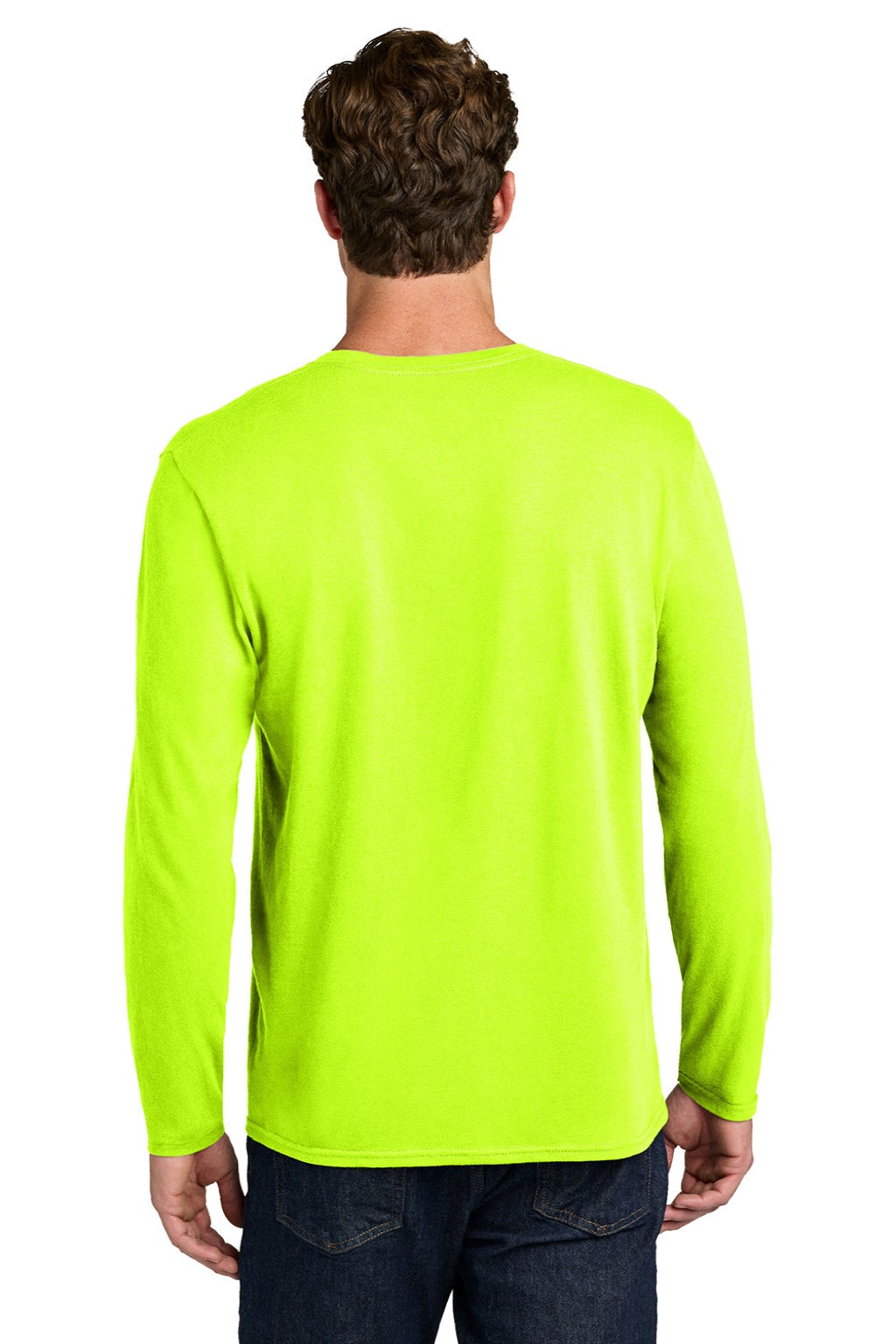 Port & Company PC43LS Mens Easy Long Sleeve Crewneck T-Shirt Safety Green Model Back