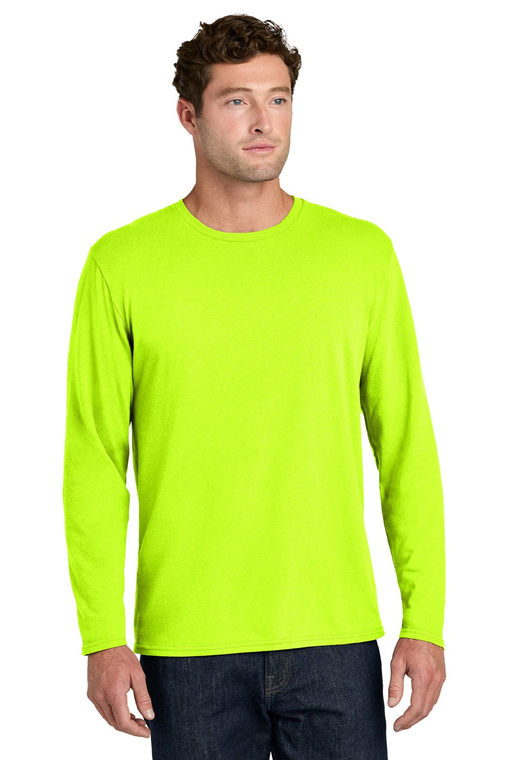 Port & Company PC43LS Mens Easy Long Sleeve Crewneck T-Shirt Safety Green Model Front