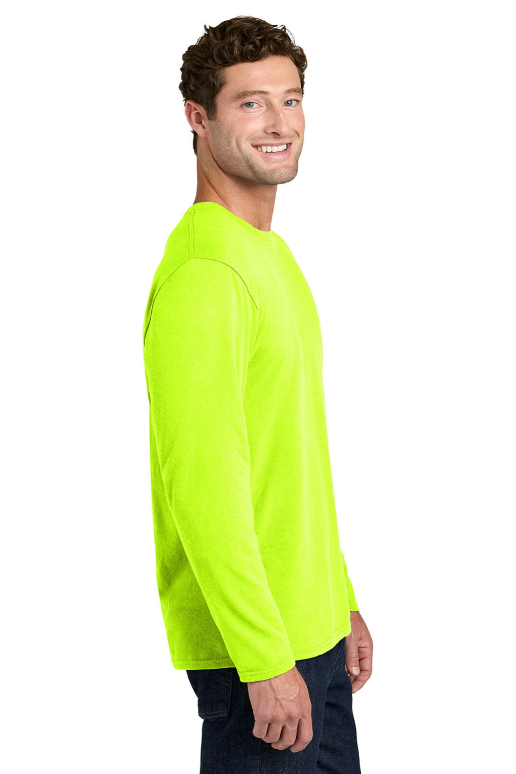 Port & Company PC43LS Mens Easy Long Sleeve Crewneck T-Shirt Safety Green Model Side