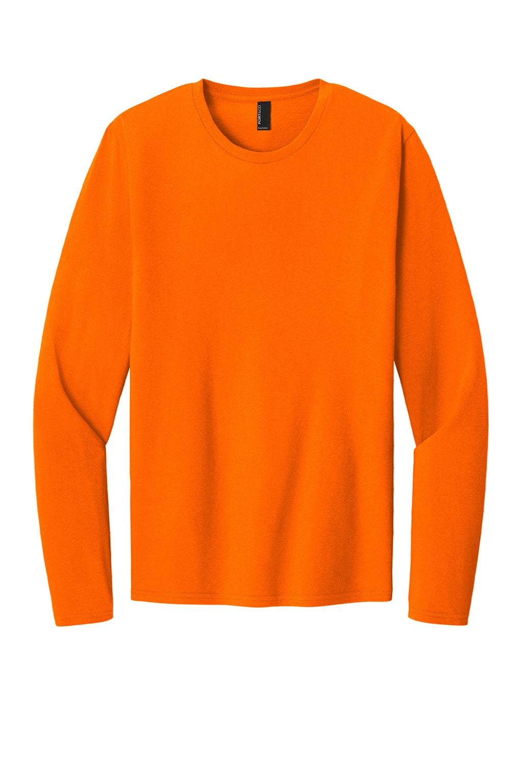 Port & Company PC43LS Mens Easy Long Sleeve Crewneck T-Shirt Safety Orange Flat Front