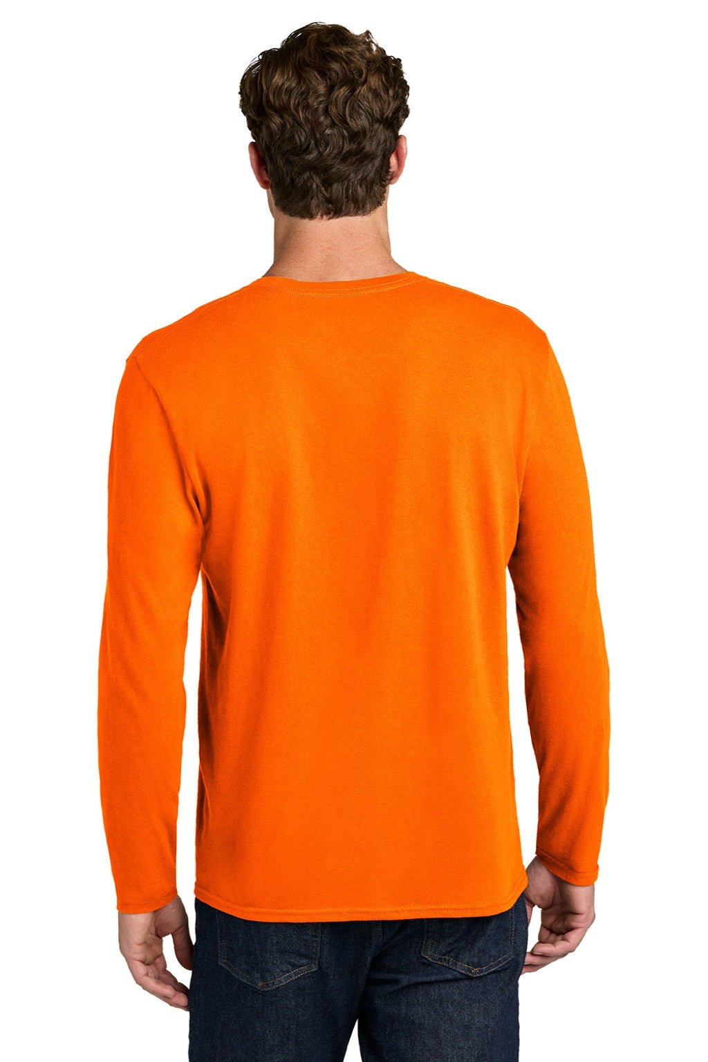 Port & Company PC43LS Mens Easy Long Sleeve Crewneck T-Shirt Safety Orange Model Back