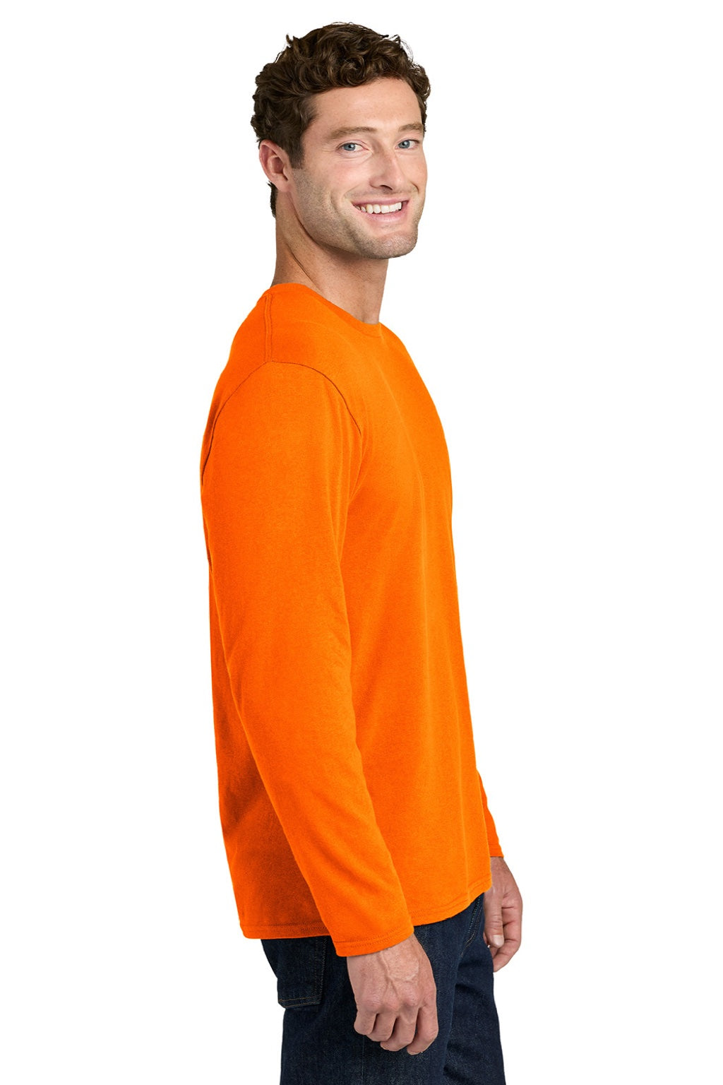 Port & Company PC43LS Mens Easy Long Sleeve Crewneck T-Shirt Safety Orange Model Side