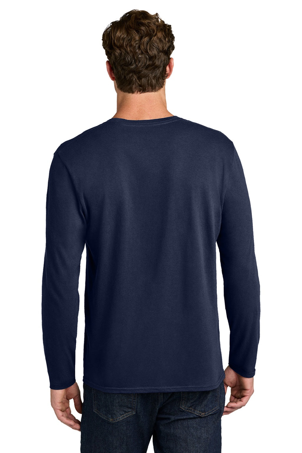Port & Company PC43LS Mens Easy Long Sleeve Crewneck T-Shirt True Navy Blue Model Back