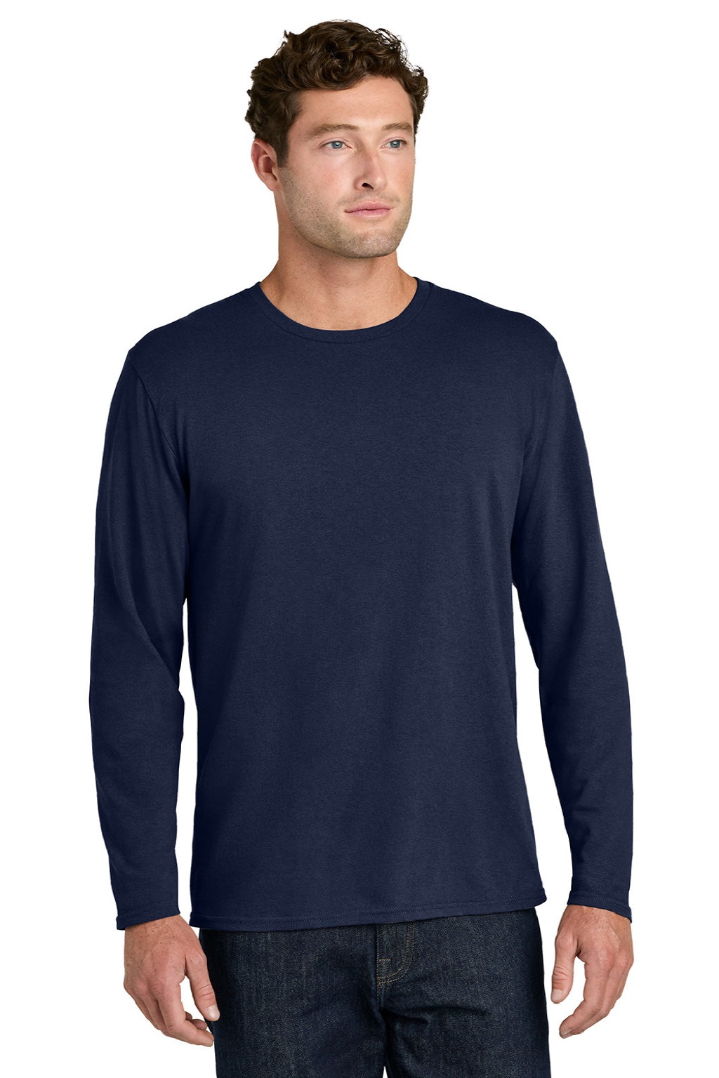 Port & Company PC43LS Mens Easy Long Sleeve Crewneck T-Shirt True Navy Blue Model Front