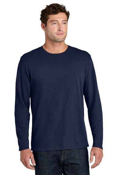Port & Company PC43LS Mens Easy Long Sleeve Crewneck T-Shirt True Navy Blue Model Front
