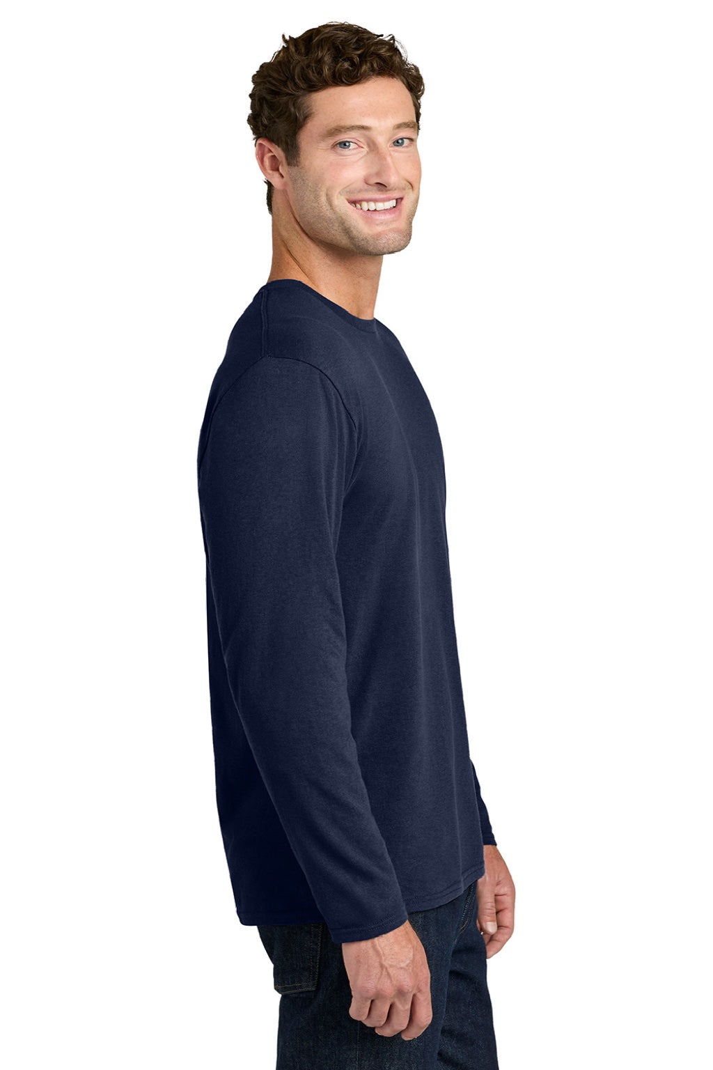 Port & Company PC43LS Mens Easy Long Sleeve Crewneck T-Shirt True Navy Blue Model Side