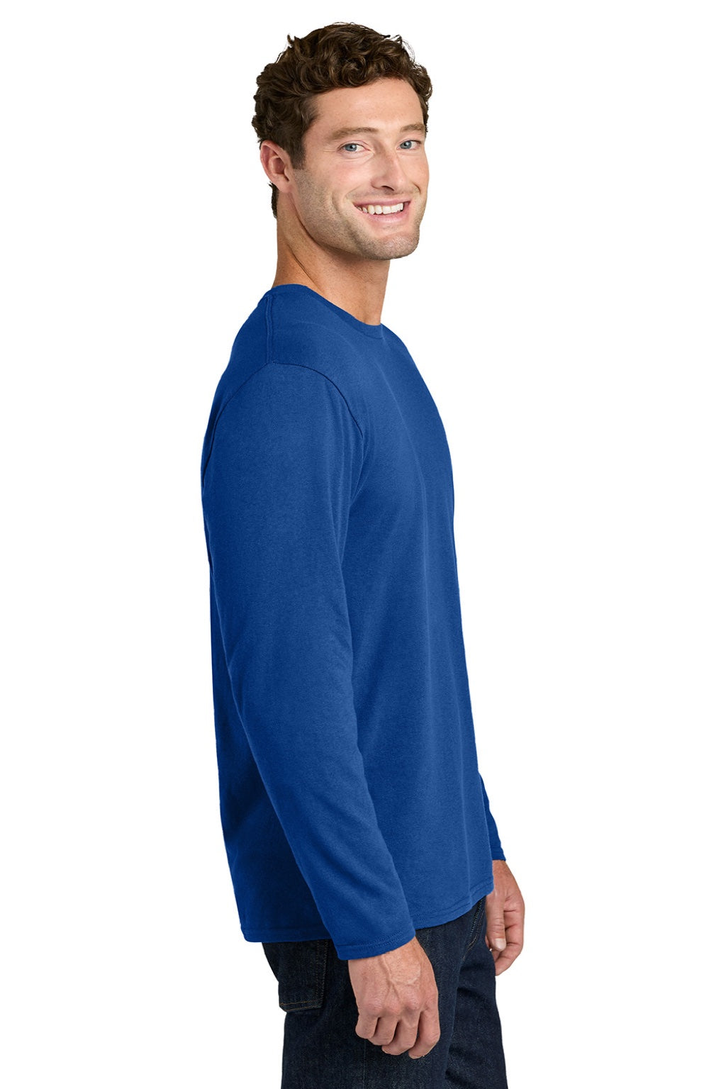 Port & Company PC43LS Mens Easy Long Sleeve Crewneck T-Shirt True Royal Blue Model Side