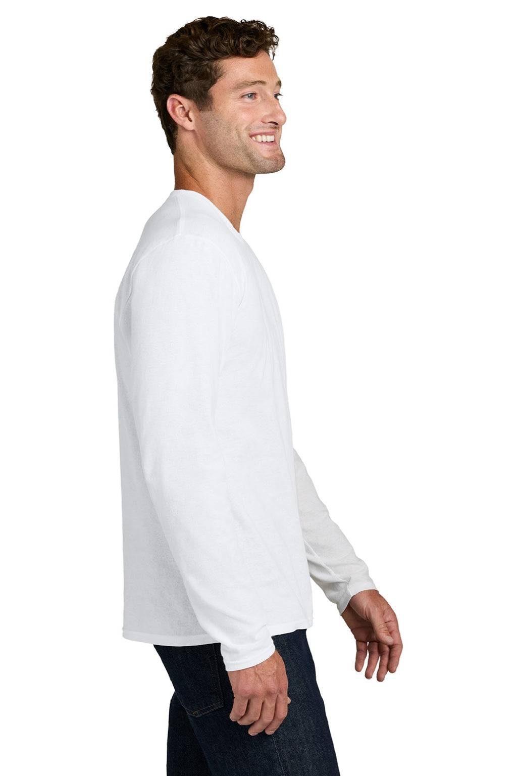 Port & Company PC43LS Mens Easy Long Sleeve Crewneck T-Shirt White Model Side