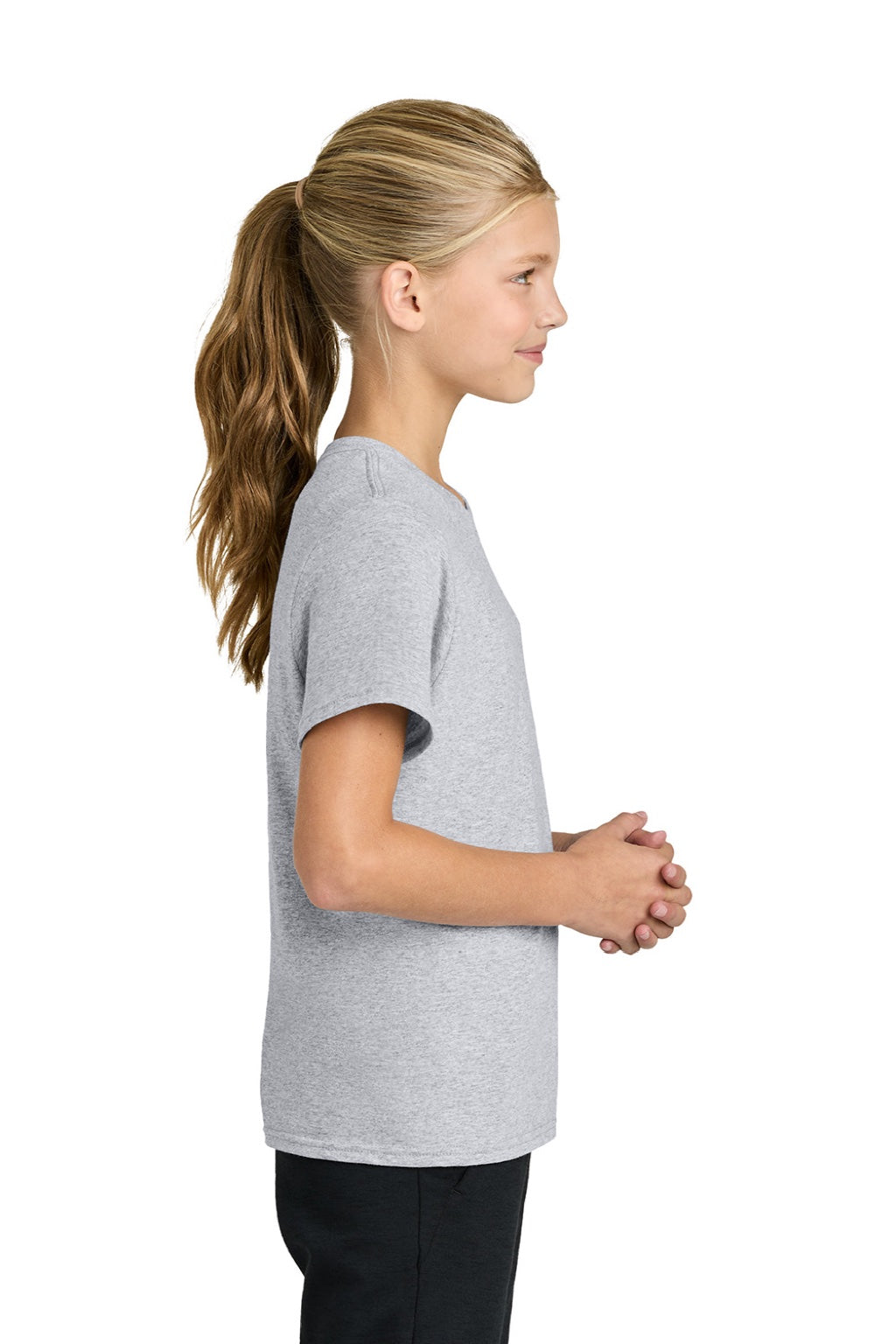 Port & Company PC43Y Youth Easy Short Sleeve Crewneck T-Shirt Ash Grey Model Side