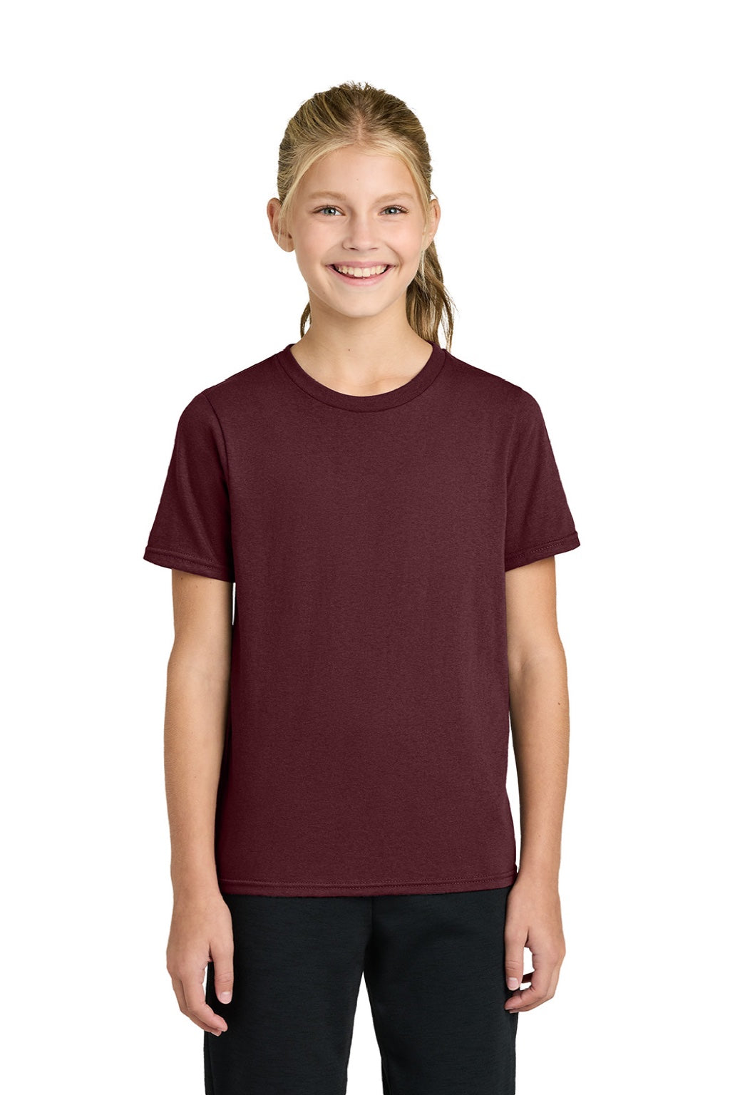Port & Company PC43Y Youth Easy Short Sleeve Crewneck T-Shirt Athletic Maroon Model Front