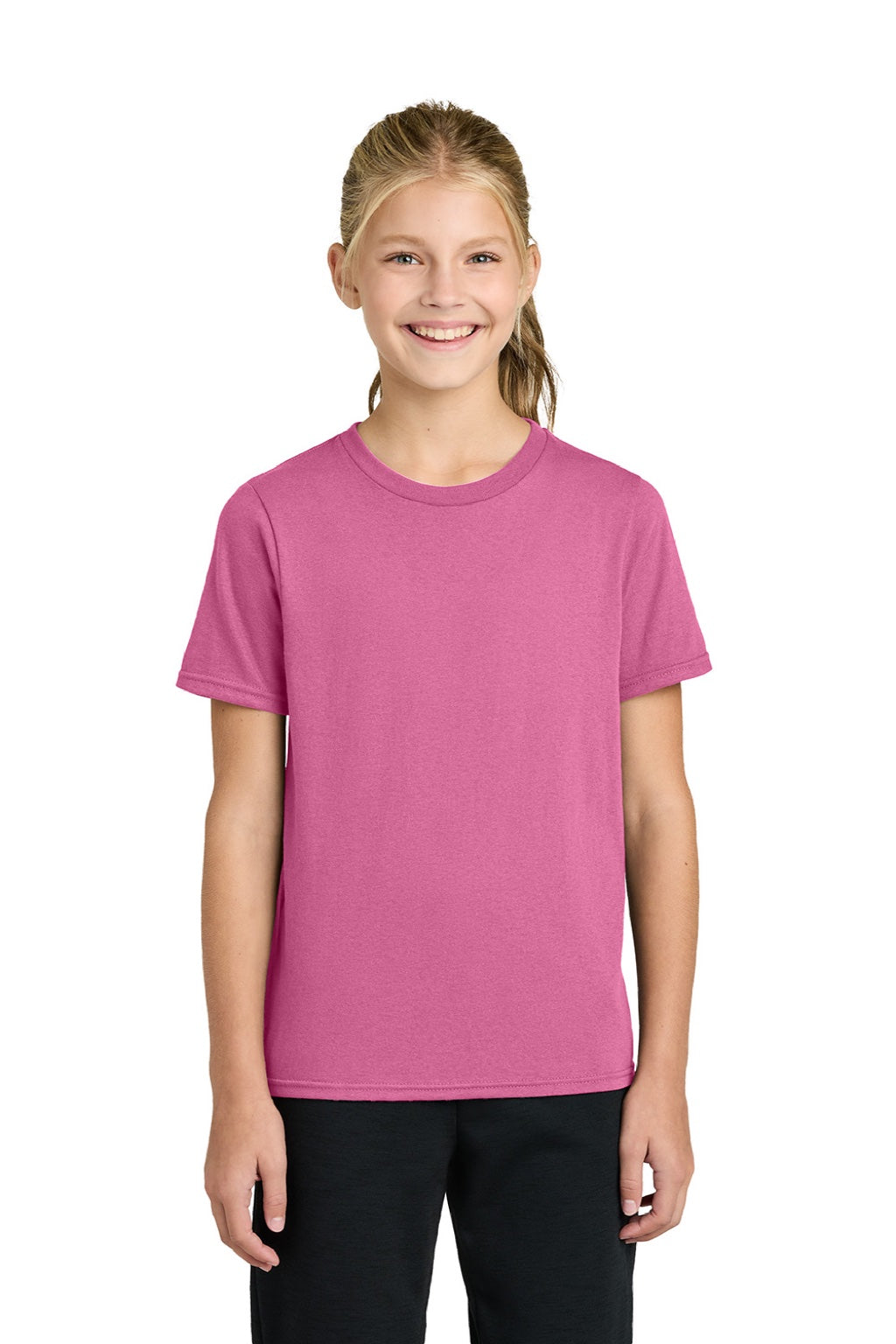 Port & Company PC43Y Youth Easy Short Sleeve Crewneck T-Shirt Awareness Pink Model Front
