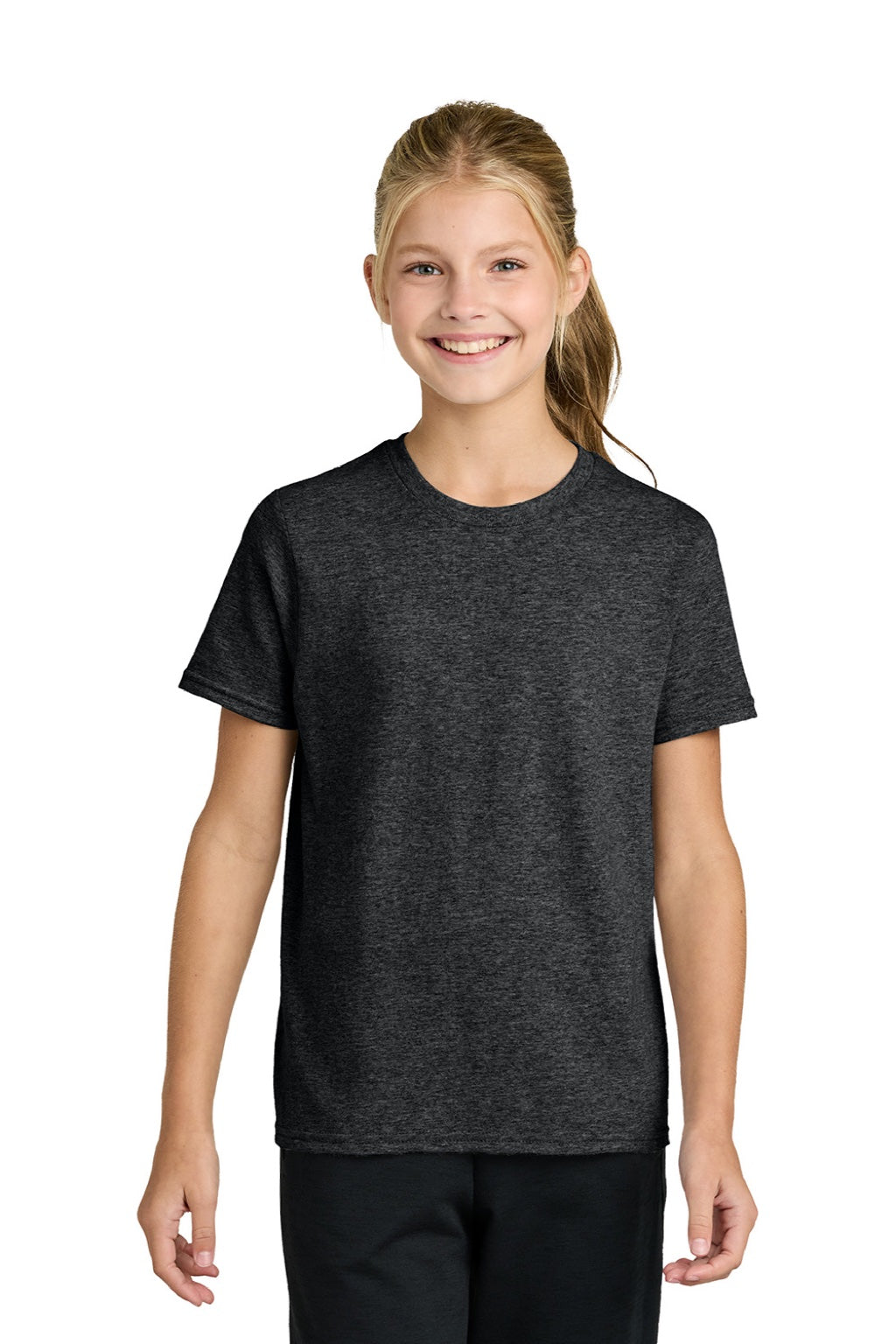 Port & Company PC43Y Youth Easy Short Sleeve Crewneck T-Shirt Heather Black Model Front