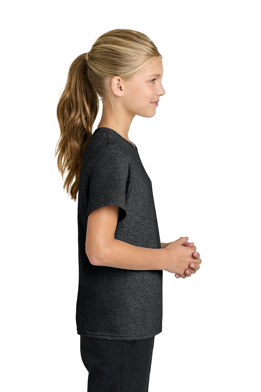 Port & Company PC43Y Youth Easy Short Sleeve Crewneck T-Shirt Heather Black Model Side