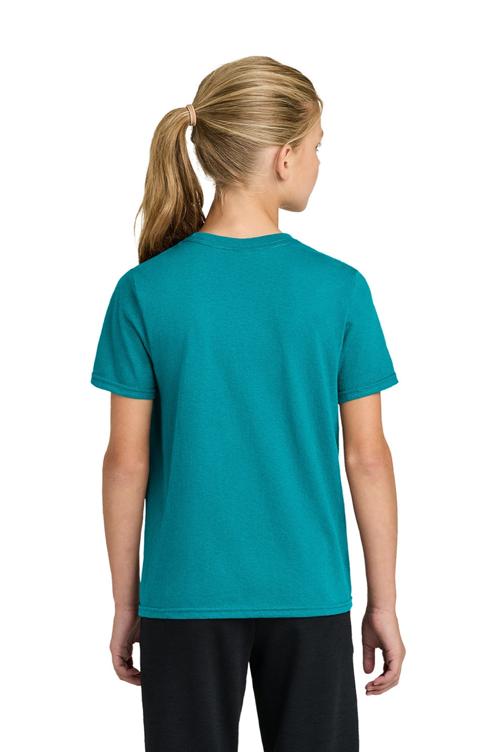 Port & Company PC43Y Youth Easy Short Sleeve Crewneck T-Shirt Bright Aqua Green Model Back