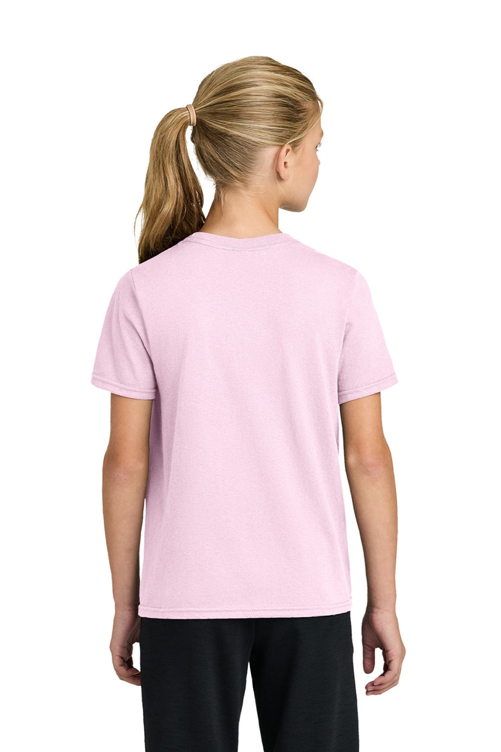 Port & Company PC43Y Youth Easy Short Sleeve Crewneck T-Shirt Cherry Blossom Pink Model Back