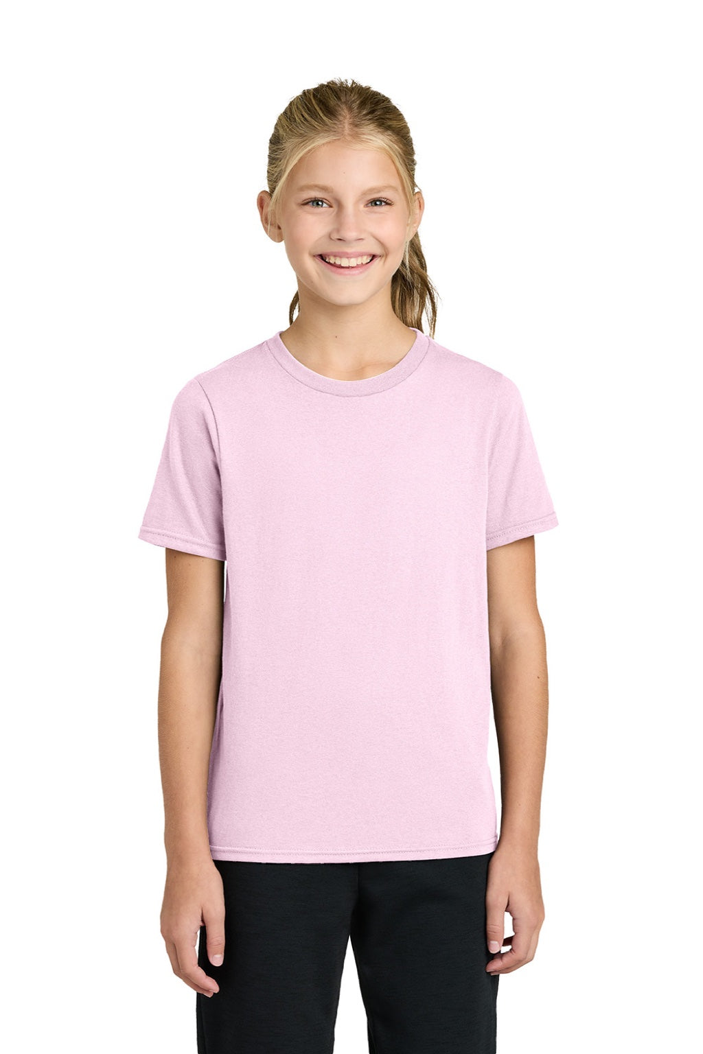 Port & Company PC43Y Youth Easy Short Sleeve Crewneck T-Shirt Cherry Blossom Pink Model Front