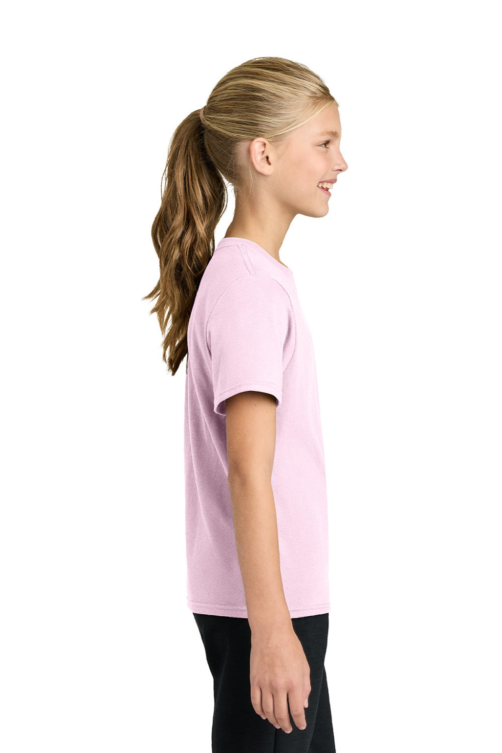 Port & Company PC43Y Youth Easy Short Sleeve Crewneck T-Shirt Cherry Blossom Pink Model Side