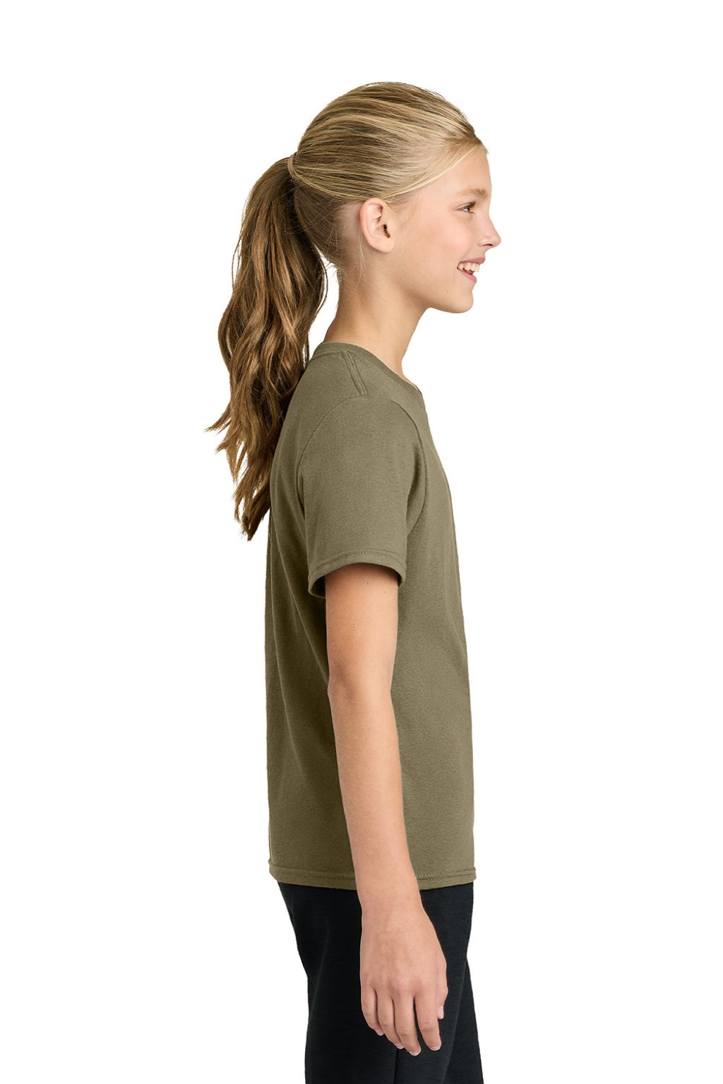 Port & Company PC43Y Youth Easy Short Sleeve Crewneck T-Shirt Coyote Brown Model Side