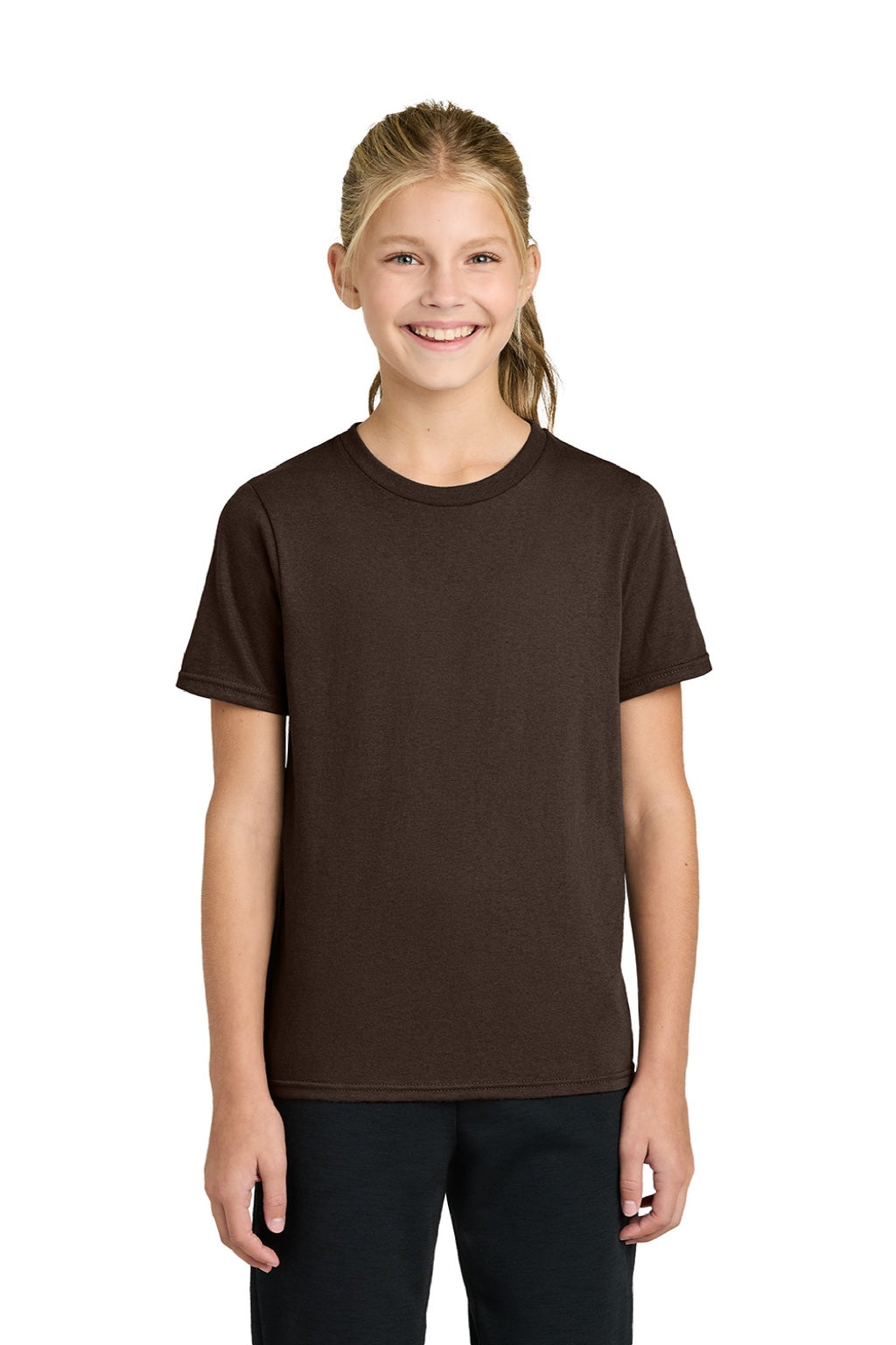 Port & Company PC43Y Youth Easy Short Sleeve Crewneck T-Shirt Dark Chocolate Brown Model Front