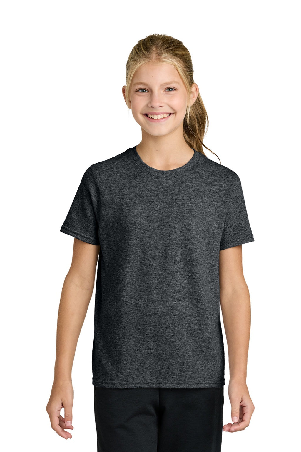 Port & Company PC43Y Youth Easy Short Sleeve Crewneck T-Shirt Heather Dark Grey Model Front