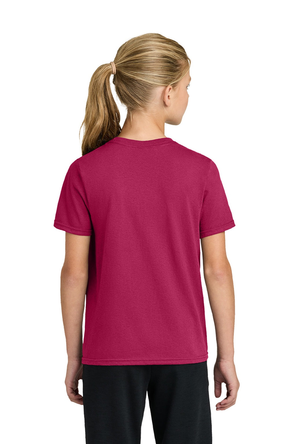 Port & Company PC43Y Youth Easy Short Sleeve Crewneck T-Shirt Flush Pink Model Back