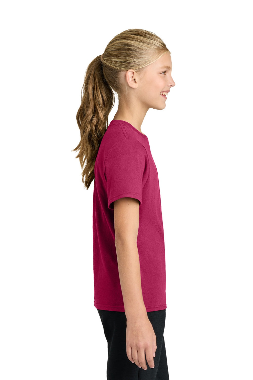 Port & Company PC43Y Youth Easy Short Sleeve Crewneck T-Shirt Flush Pink Model Side