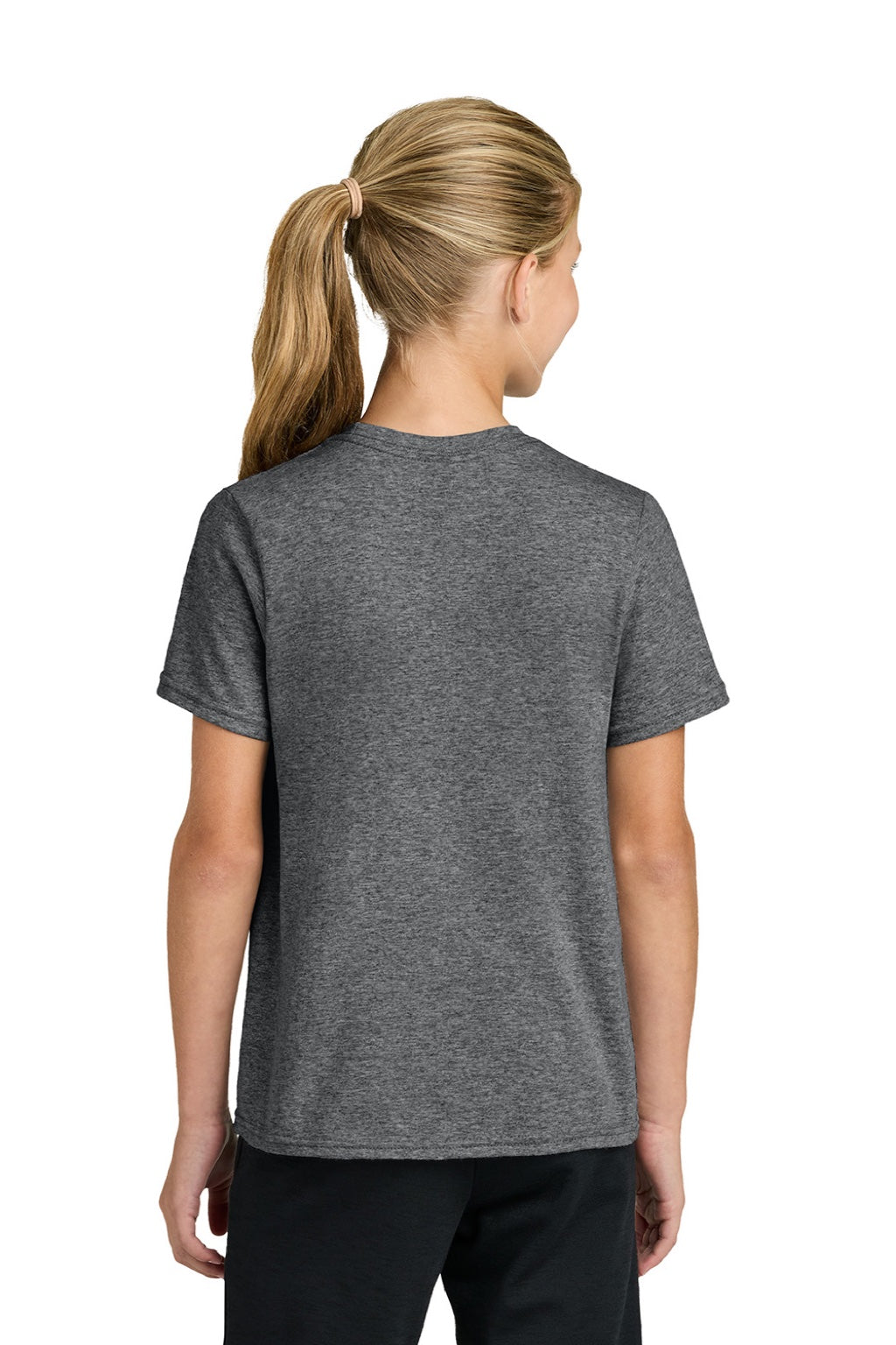 Port & Company PC43Y Youth Easy Short Sleeve Crewneck T-Shirt Heather Graphite Grey Model Back