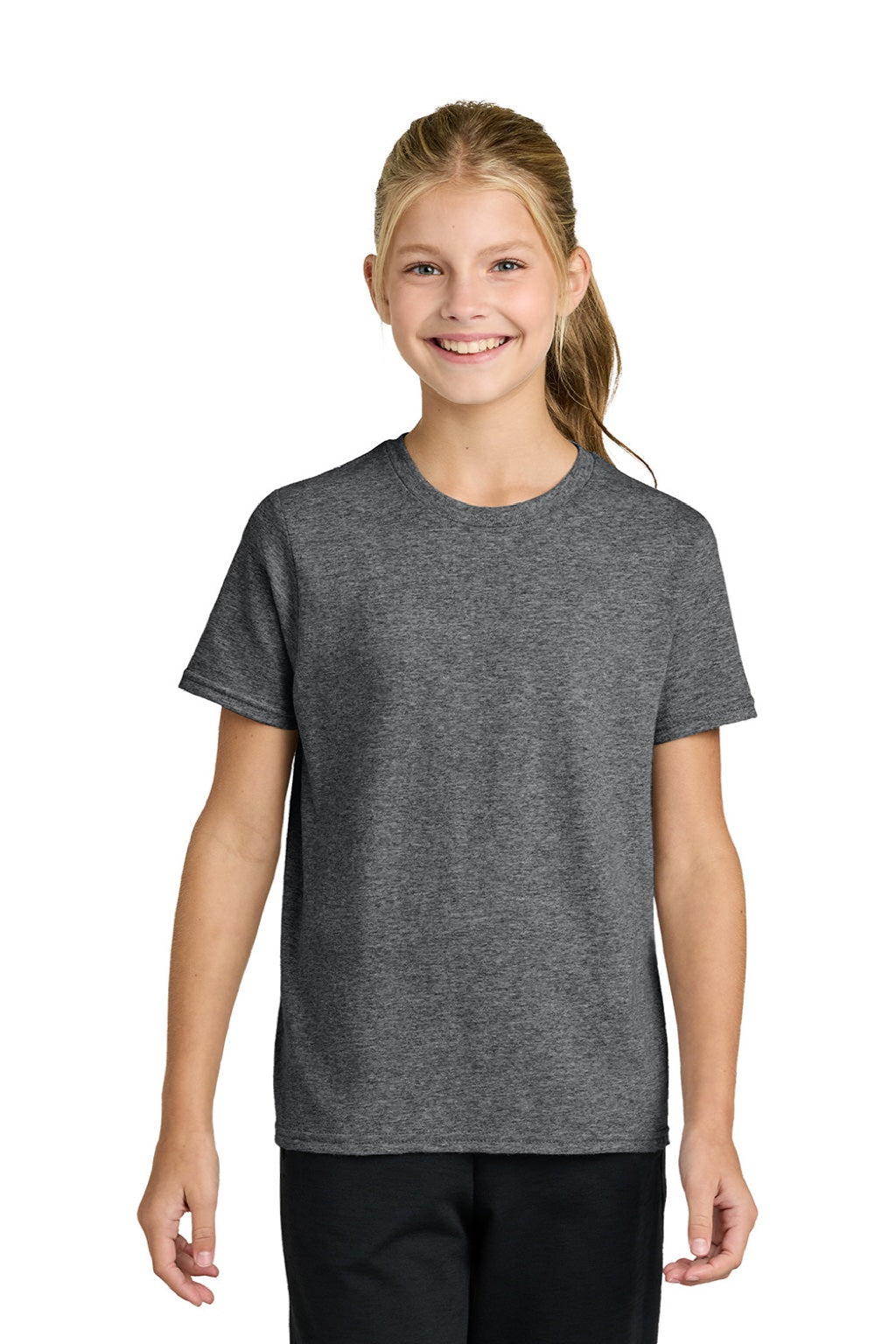 Port & Company PC43Y Youth Easy Short Sleeve Crewneck T-Shirt Heather Graphite Grey Model Front