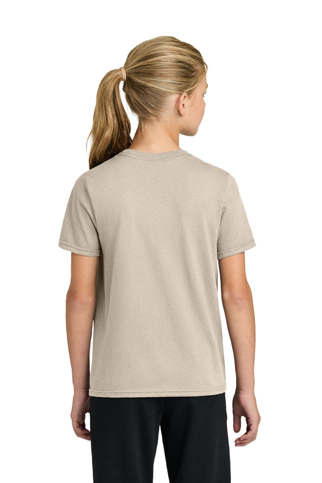 Port & Company PC43Y Youth Easy Short Sleeve Crewneck T-Shirt Light Sand Brown Model Back