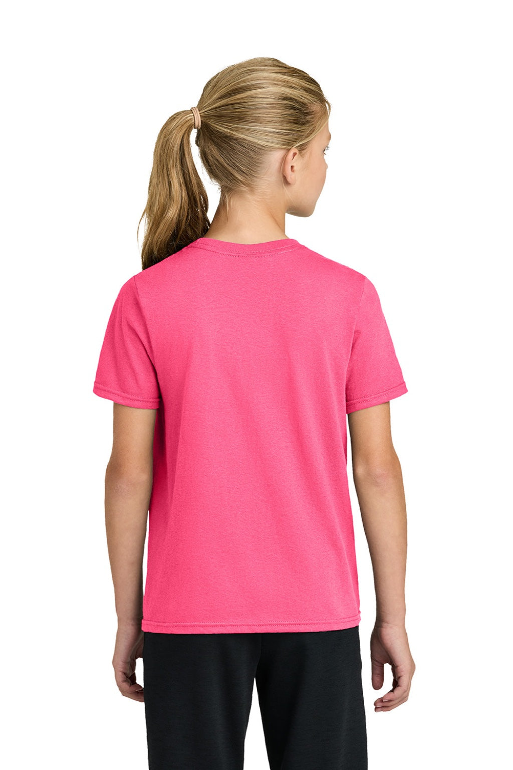 Port & Company PC43Y Youth Easy Short Sleeve Crewneck T-Shirt Neon Pink Model Back
