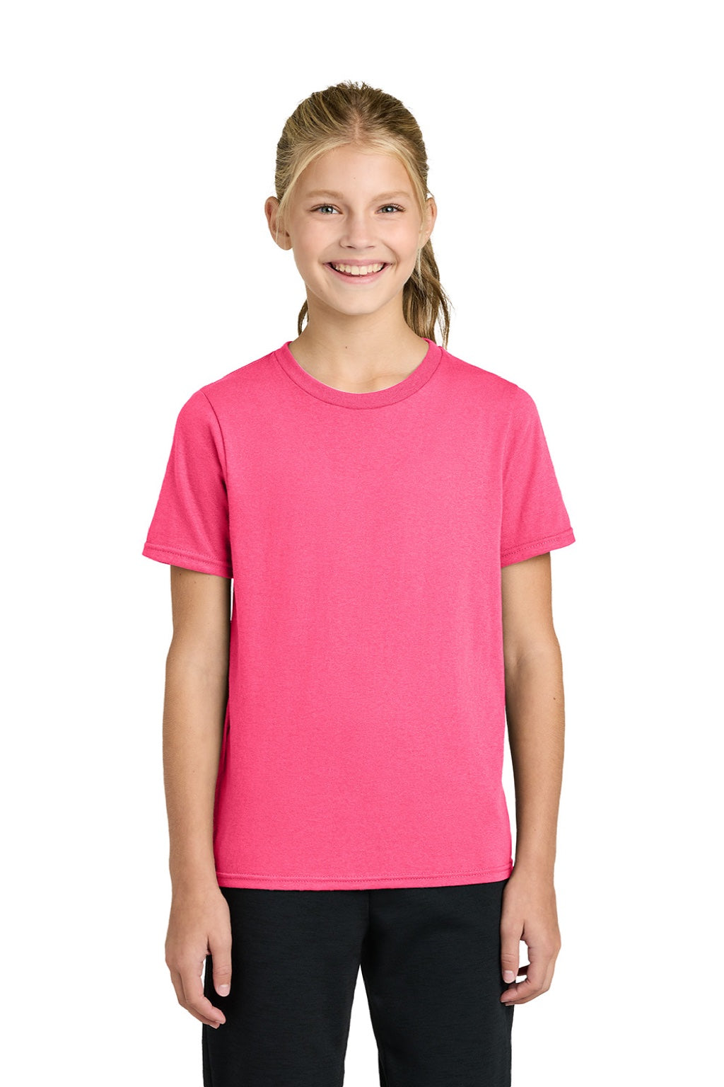 Port & Company PC43Y Youth Easy Short Sleeve Crewneck T-Shirt Neon Pink Model Front