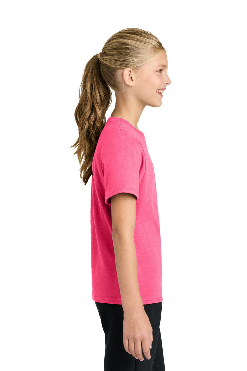 Port & Company PC43Y Youth Easy Short Sleeve Crewneck T-Shirt Neon Pink Model Side