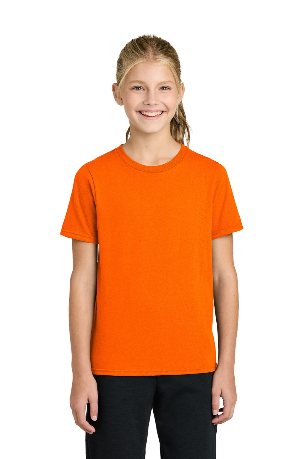 Port & Company PC43Y Youth Easy Short Sleeve Crewneck T-Shirt Safety Orange Model Front