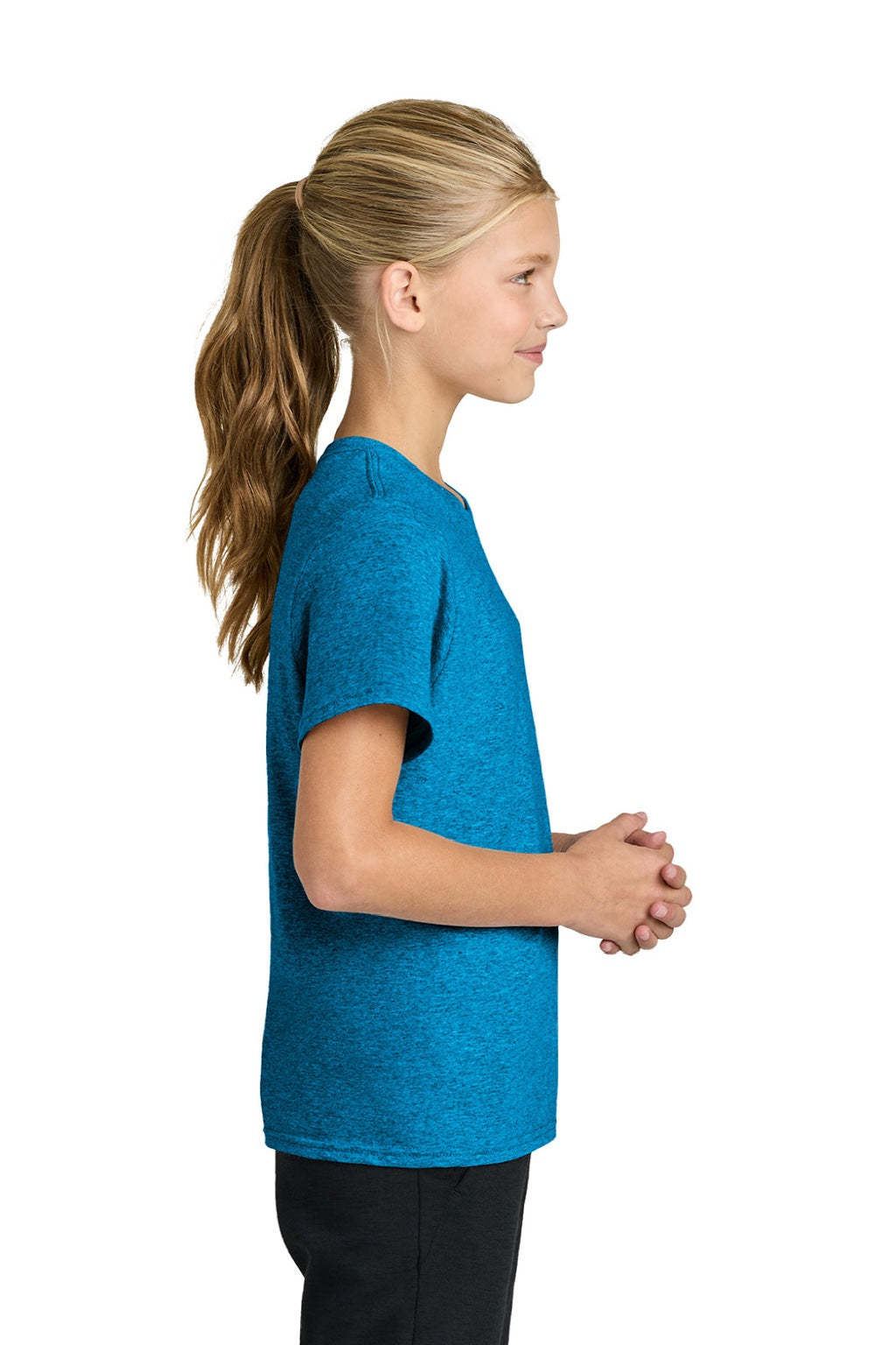 Port & Company PC43Y Youth Easy Short Sleeve Crewneck T-Shirt Heather Sapphire Blue Model Side