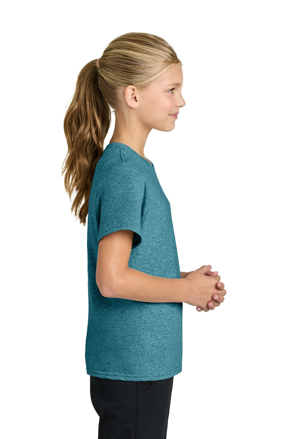 Port & Company PC43Y Youth Easy Short Sleeve Crewneck T-Shirt Heather Vivid Teal Blue Model Side