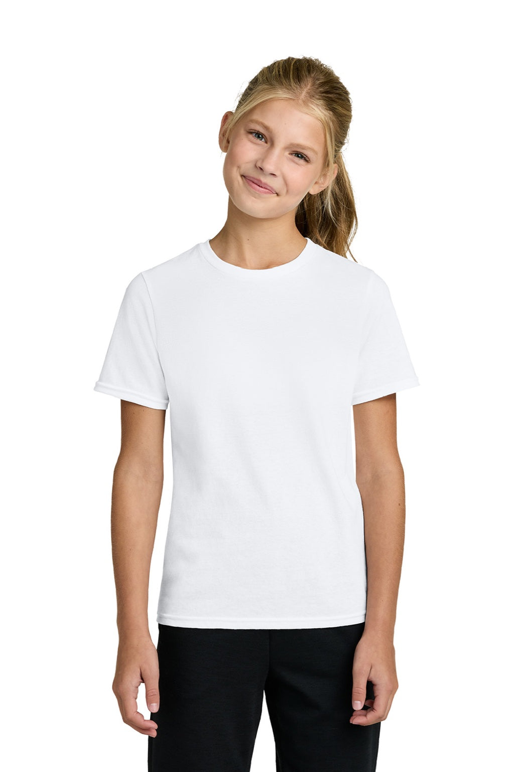 Port & Company PC43Y Youth Easy Short Sleeve Crewneck T-Shirt White Model Front