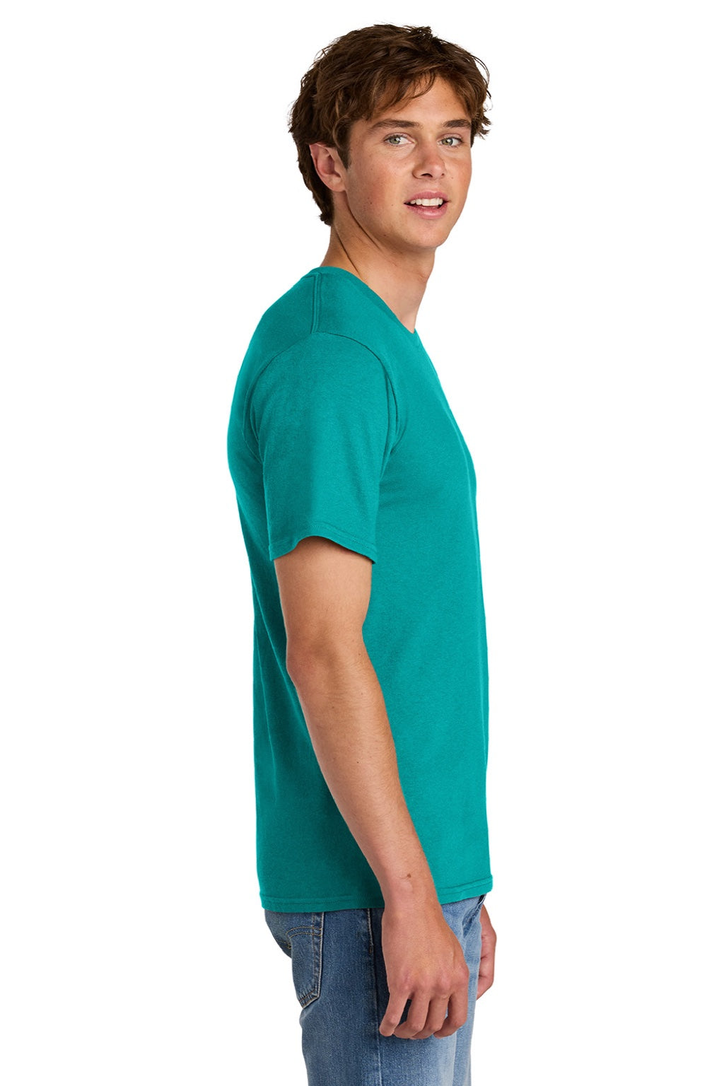 Port & Company PC43 Mens Short Sleeve Crewneck T-Shirt Bright Aqua Green Model Side