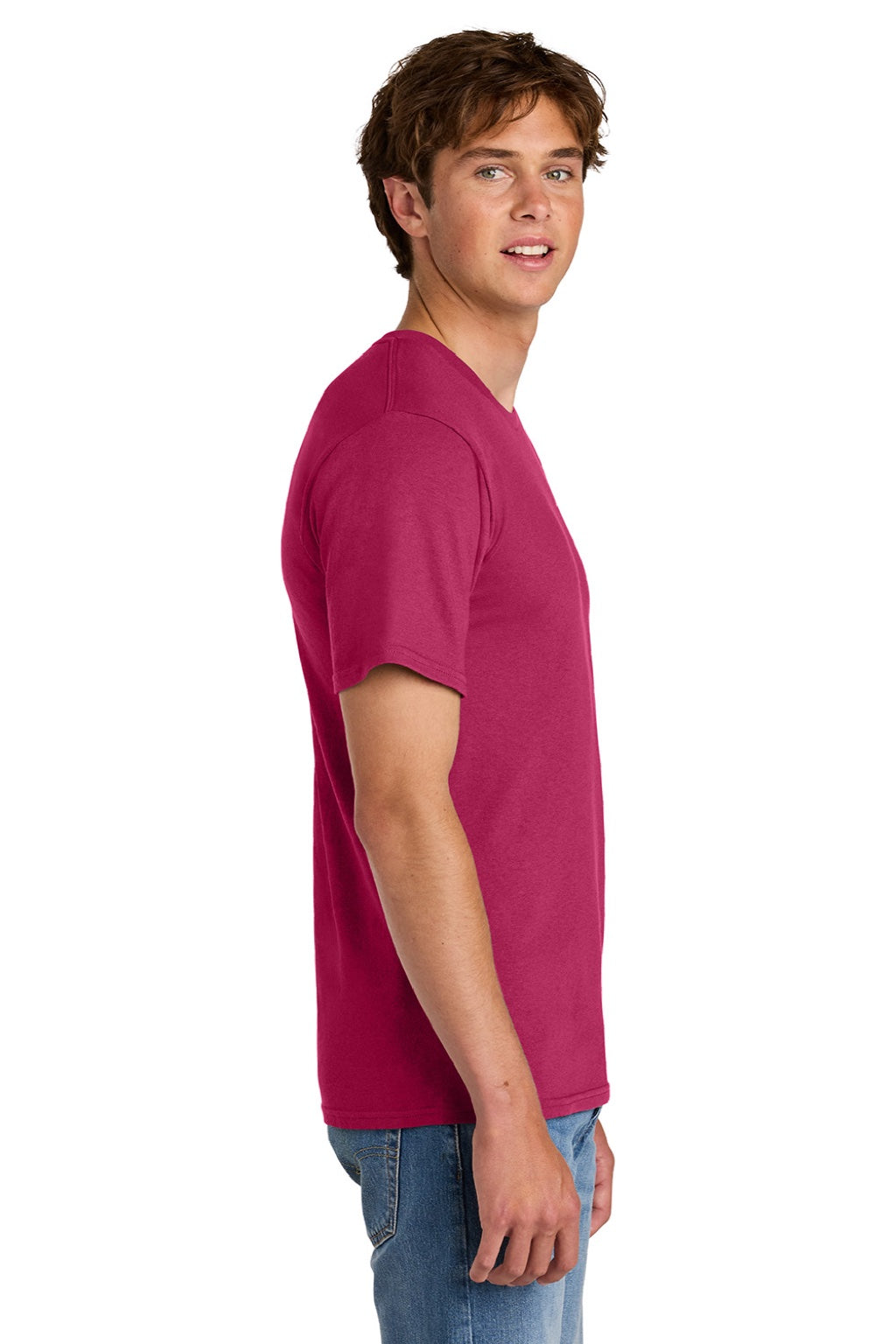 Port & Company PC43 Mens Short Sleeve Crewneck T-Shirt Flush Pink Model Side