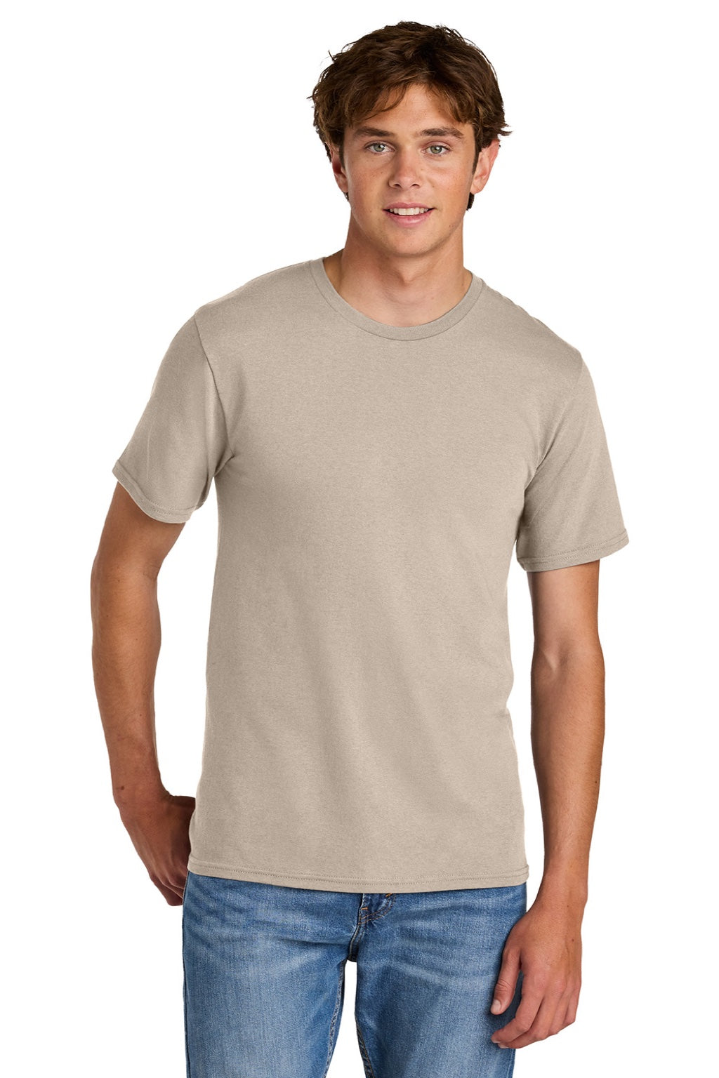 Port & Company PC43 Mens Short Sleeve Crewneck T-Shirt Light Sand Brown Model Front